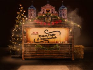 Stimmungsvoll: Der digitale Weltbild Weihnachtsmarkt vor der stilisierten Kulisse des Augsburger Rathauses entstand zusammen mit der Agentur zwetschke